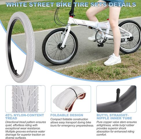 2Sets 20x1.75 White Bike Tires and Tubes, 20 Inch Bike Tire Puncture Resistant Folding Street Bike Tire Sets 47-406 Compatible with Road Street Bicycle E-Bike Wheelchair Low Resistance in Saudi Arabia