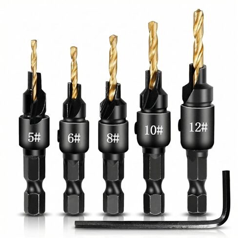 5PCS Countersink Drill Bit Set, #5, #6, #8, #10, #12, High-Speed Steel Counter Sink Drill Bit Adjustable for US Wood Screw,Depth Adjustable,82-Degree Chamfer, 1/4" Hex Shank in Kuwait