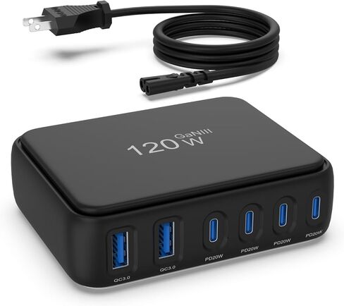 USB C Fast Charging Station, 120W 6 Port Wall Charger Power Strip, Travel Charger Block for Multiple Devices, USB Hub Adapter Compatible with iPad iPhone 16 15 Pro Max Galaxy, 5ft Cord(White) in Kuwait