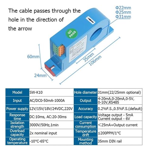 1PCS Current Transmitter DC0-1000A Output 4-20mA 0-20mA RS485 Current 31mm Perforated Hall Current Sensor(Output 4-20mA,DC0-50A_Hole 31MM_DC12V) in Saudi Arabia