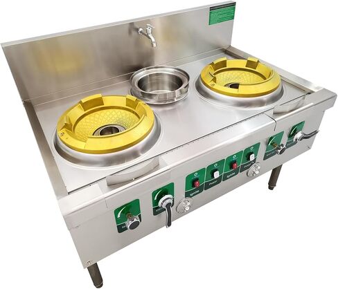INTBUYING Commercial 2 Burner Gas Stove 12.2'' Chinese Natural Gas Cooking Range LPG Cooking Stove Stainless Steel High Fierce Fire Stove for Restaurant With Baffle and Water Basin 110V in Saudi Arabia