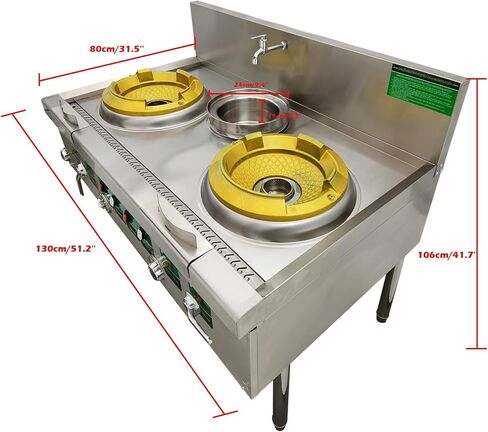 INTBUYING Commercial 2 Burner Gas Stove 12.2'' Chinese Natural Gas Cooking Range LPG Cooking Stove Stainless Steel High Fierce Fire Stove for Restaurant With Baffle and Water Basin 110V in Saudi Arabia