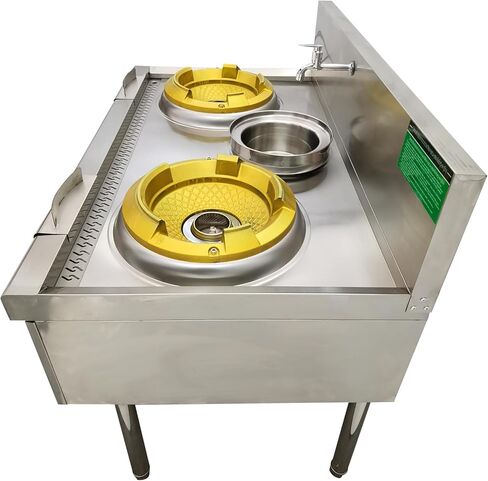 INTBUYING Commercial 2 Burner Gas Stove 12.2'' Chinese Natural Gas Cooking Range LPG Cooking Stove Stainless Steel High Fierce Fire Stove for Restaurant With Baffle and Water Basin 110V in Saudi Arabia