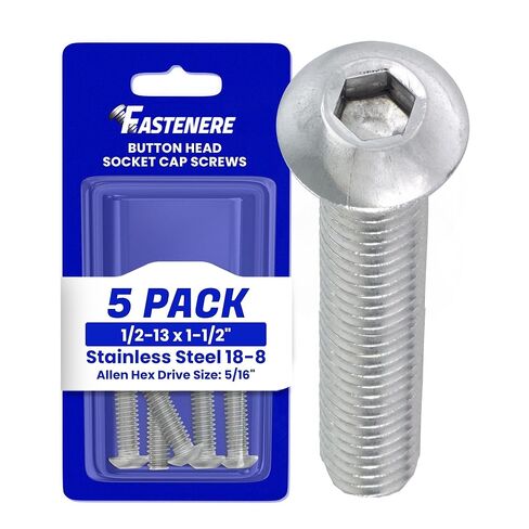 مسامير غطاء مقبس رأس زر Fastenere - 1/2-13 × 1-1/2 بوصة (5 عبوات) من الفولاذ المقاوم للصدأ 18-8، خيط كامل، لمسة نهائية ساطعة، مقاومة للتآكل، خيط الآلة، سهلة التركيب مع محرك مقبس Allen in Saudi Arabia