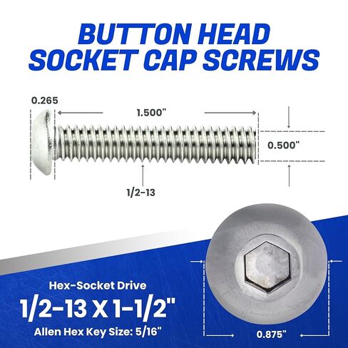 مسامير غطاء مقبس رأس زر Fastenere - 1/2-13 × 1-1/2 بوصة (5 عبوات) من الفولاذ المقاوم للصدأ 18-8، خيط كامل، لمسة نهائية ساطعة، مقاومة للتآكل، خيط الآلة، سهلة التركيب مع محرك مقبس Allen in Saudi Arabia