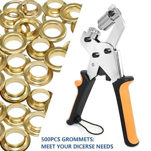 3/8 Inch 10mm Grommet Tool Kit Heavy Duty Handheld Grommet Press Pliers Easy and Safe to Punch Eyelet Hole Eyelet Plier with 500pcs Golden Grommets for Fabrics, Canvas, awnings in Saudi Arabia