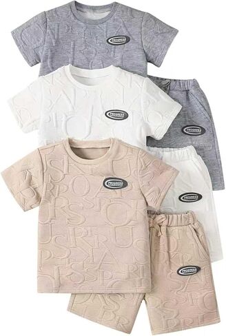 Boys' Shorts Set 6 Pieces Summer Outfits Texture Short Sleeve T Shirts and Shorts Sets 4-12Y in Saudi Arabia