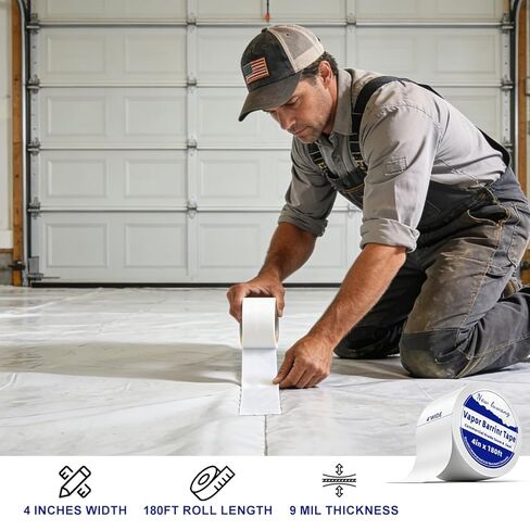 Vapor Barrier Tape, 4" x 180' Roll, Heavy Duty Waterproof, 9 Mil White Polyethylene Moisture and Vapor Barrier Seam Tape for Crawl Spaces, Marine Use, Insulation Tape, and Roof Repair(1) in Saudi Arabia
