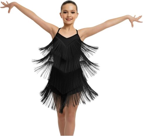 Iwemek Kids Fapper Dress for Girls Latin Dance Dress Tiered Tassel Fringe Fringe Dresses Salsa Ballroom Dance Complete Comple in Saudi Arabia