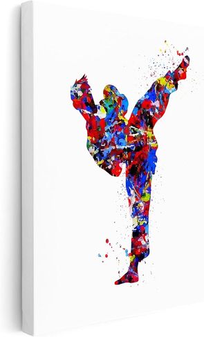 Poster Master Sports Canvas - Martial Arts Print - Taekwondo & Karate Art - Watercolor Silhouette Design - Abstract Standing Kick Art - Great Gym Wall Decor - 8x10 STRETCHED Canvas in Saudi Arabia