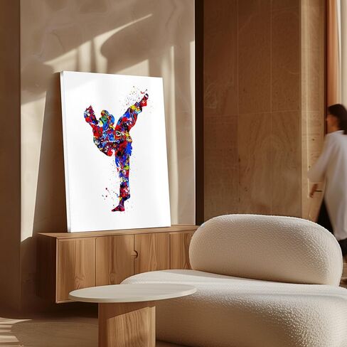 Poster Master Sports Canvas - Martial Arts Print - Taekwondo & Karate Art - Watercolor Silhouette Design - Abstract Standing Kick Art - Great Gym Wall Decor - 8x10 STRETCHED Canvas in Saudi Arabia