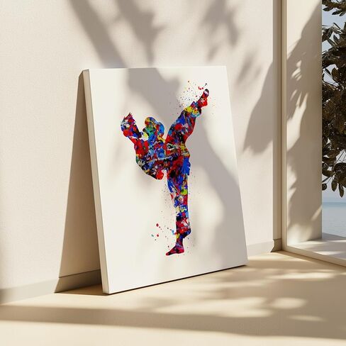 Poster Master Sports Canvas - Martial Arts Print - Taekwondo & Karate Art - Watercolor Silhouette Design - Abstract Standing Kick Art - Great Gym Wall Decor - 8x10 STRETCHED Canvas in Saudi Arabia