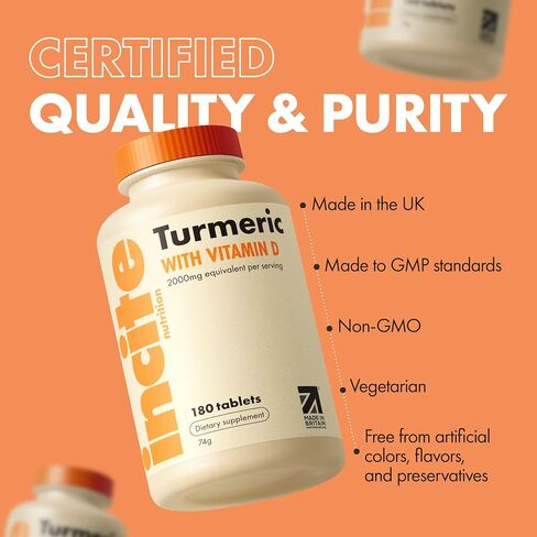 Incite Nutrition Turmeric Supplement 2000mg. 3 Month Supply of High Strength Curcuma Tablets. Natural Antioxidant and Relief Supplement. with Added Vitamin D3 to Boost Your Defenses in Saudi Arabia