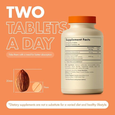Incite Nutrition Turmeric Supplement 2000mg. 3 Month Supply of High Strength Curcuma Tablets. Natural Antioxidant and Relief Supplement. with Added Vitamin D3 to Boost Your Defenses in Saudi Arabia