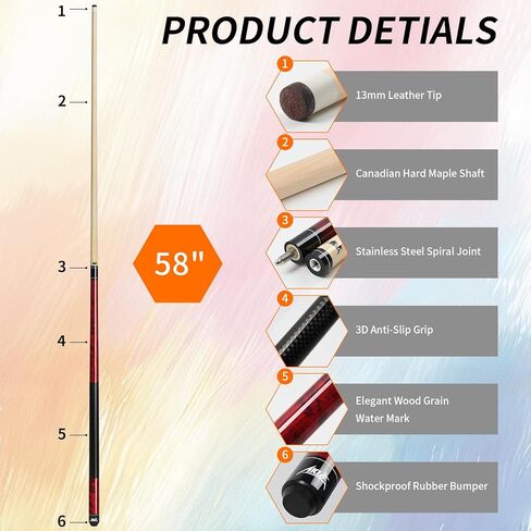 AKLOT Pool Cue Sticks, 58"/42" Canadian Maple Professional Billiard Sticks, Taco De Billar Super Straightened Up 2-Piece Queue for Home, Pool Cues Set of 4/5/1, 14oz，18~21oz Multiple Colors in Kuwait