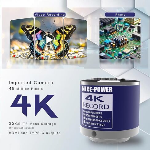 NICE-POWER Digital Microscope, 48MP 4K 1080P HDMI Type-C/USB Industrial Video Microscopes Camera, 150X Zoom C-Mount Lens, Foldable Stand, LED Ring Light, Soldering Microscope for Electronics Repair in Kuwait