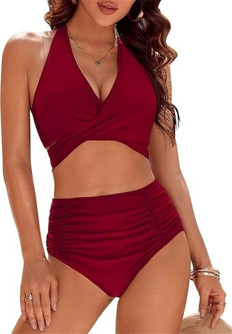 مجموعة بيكيني عالية الخصر للسيدات ، ولفت الرسن أعلى مع حمامات كروس ، و Army Green Swimwear PQ2518 in Kuwait