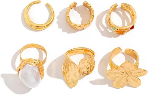 Gold Rings for Women 6 pcs Chunky Gold Silver Stackable Rings Set Baroque Pearl Gemstone Flower Ring Statement Rings Adjustable Open Ring Fashion Jewelry Accessories for Women in Kuwait