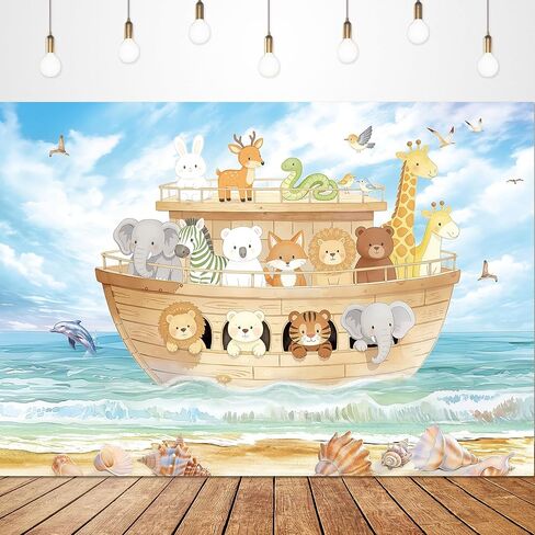 Noah's Ark Baby Shower Backdrop for Photography 7Wx5H Feet Cute Cartoon Woodland Animals Blue Ocean Lovely Clouds Newborn Kids Party Decorations Photoshoot Background Photo Booth Studio in Kuwait