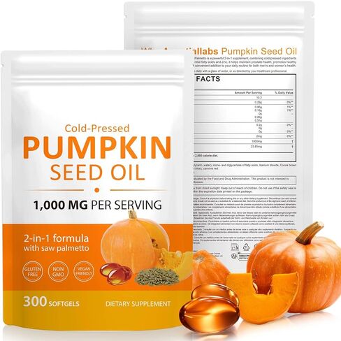 Pumpkin Seed Oil with Saw Palmetto, 2 in 1 Pumpkin Seed Oil Capsules for Hair Growth, 1000mg per Serving, 300 Softgels,– Cold Pressed, Prostate, Urinary & Bladder Health, Pure & Natural in Kuwait