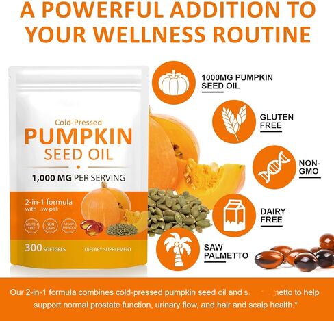 Pumpkin Seed Oil with Saw Palmetto, 2 in 1 Pumpkin Seed Oil Capsules for Hair Growth, 1000mg per Serving, 300 Softgels,– Cold Pressed, Prostate, Urinary & Bladder Health, Pure & Natural in Kuwait
