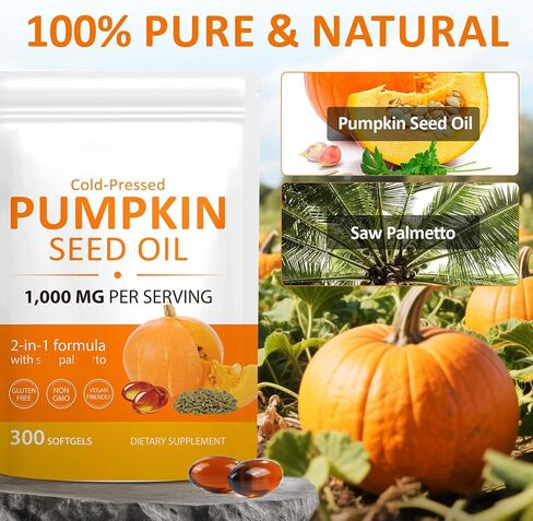 Pumpkin Seed Oil with Saw Palmetto, 2 in 1 Pumpkin Seed Oil Capsules for Hair Growth, 1000mg per Serving, 300 Softgels,– Cold Pressed, Prostate, Urinary & Bladder Health, Pure & Natural in Kuwait