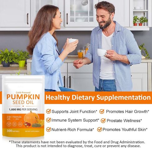 Pumpkin Seed Oil with Saw Palmetto, 2 in 1 Pumpkin Seed Oil Capsules for Hair Growth, 1000mg per Serving, 300 Softgels,– Cold Pressed, Prostate, Urinary & Bladder Health, Pure & Natural in Kuwait