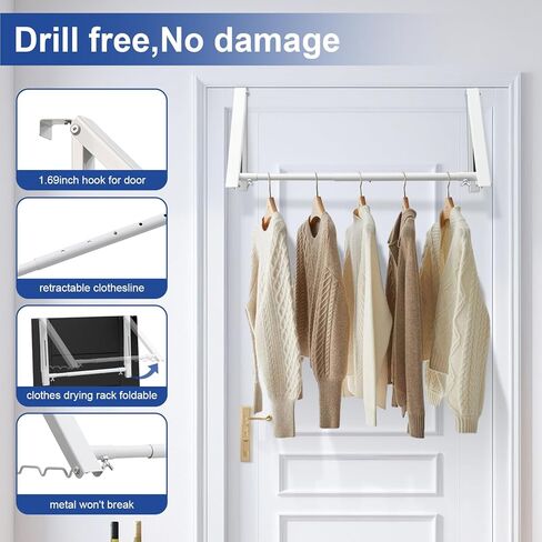 شماعة ملابس على الباب مباشرة من المنزل، خطاف باب مقاس 1.69 بوصة لرف تجفيف فوق الباب، خطاف شماعات خارجي قابل للطي وقابل للسحب للحمام وغرفة الغسيل والشقق وغرفة النوم in Kuwait