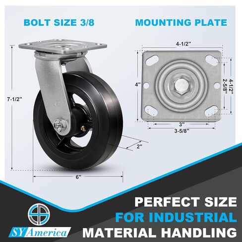 عجلات SY America مقاس 6 بوصة × 2 بوصة، عجلات صناعية، عجلات مطاطية على عجلات من الحديد الزهر لحاويات القمامة وصناديق القمامة، 4 دوارة، مجموعة سعة 4000 رطل مكونة من 4 قطع in Kuwait