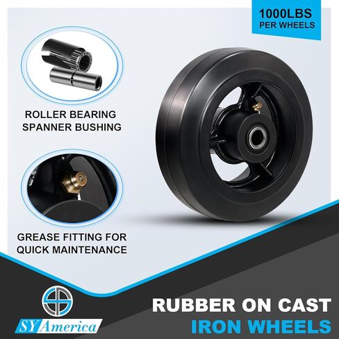 عجلات SY America مقاس 6 بوصة × 2 بوصة، عجلات صناعية، عجلات مطاطية على عجلات من الحديد الزهر لحاويات القمامة وصناديق القمامة، 4 دوارة، مجموعة سعة 4000 رطل مكونة من 4 قطع in Kuwait