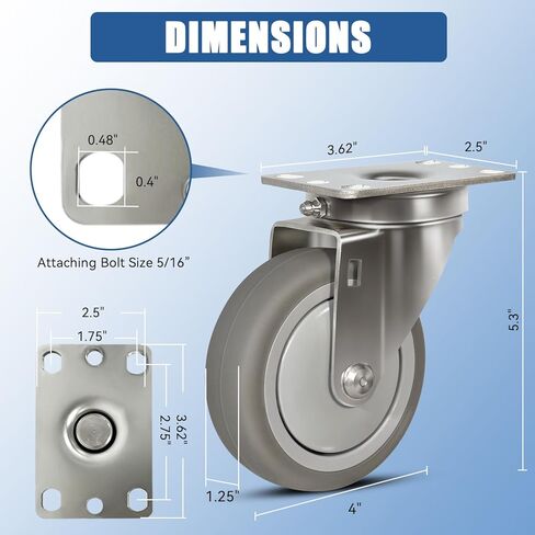 عجلات من الفولاذ المقاوم للصدأ مقاس 4 بوصات، عجلات صناعية شديدة التحمل - عجلات مطاطية لدنة بالحرارة للمختبرات، خدمة الطعام - 2 دوارة 2 صلبة، سعة تحميل 1200 رطل in Kuwait