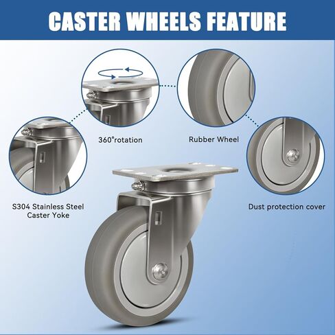 عجلات من الفولاذ المقاوم للصدأ مقاس 4 بوصات، عجلات صناعية شديدة التحمل - عجلات مطاطية لدنة بالحرارة للمختبرات، خدمة الطعام - 2 دوارة 2 صلبة، سعة تحميل 1200 رطل in Kuwait