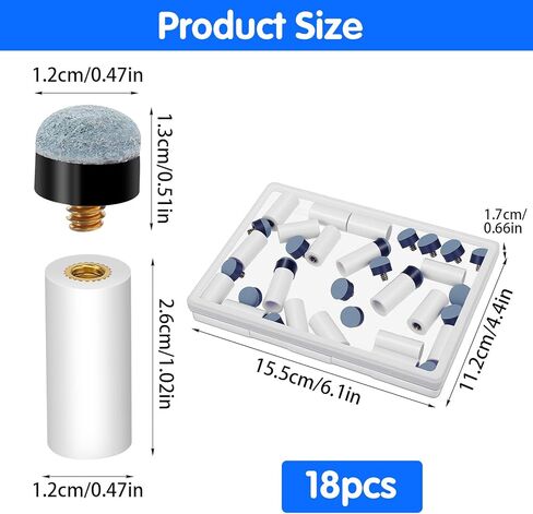 18 Pcs Pool Stick Tips, Billiard Cue Tips Replacement Kit Pool Cue Tip with White Ferrules No Glue Billiard Cues Stick Accessories for Snooker Pools Cues(12mm,13mm) in Saudi Arabia