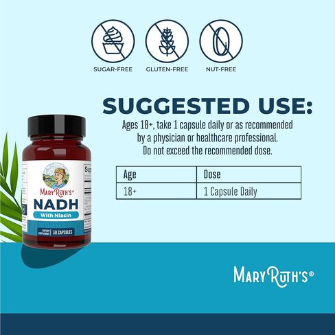 كبسولات MARYRUTH'S NADH | النياسين | NAD + السلائف | عبر ريسفيراترول | CoQ10 | الطاقة الخلوية | استقلاب الطاقة | الوظيفة المعرفية | نباتي | خالي من الغلوتين | كبسولة واحدة يوميًا | 30 حصة in Kuwait