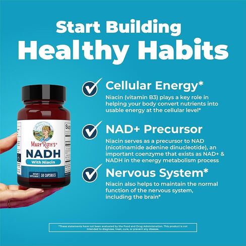 كبسولات MARYRUTH'S NADH | النياسين | NAD + السلائف | عبر ريسفيراترول | CoQ10 | الطاقة الخلوية | استقلاب الطاقة | الوظيفة المعرفية | نباتي | خالي من الغلوتين | كبسولة واحدة يوميًا | 30 حصة in Kuwait