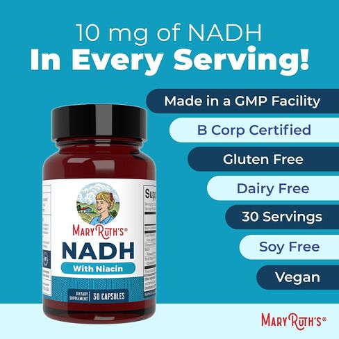 كبسولات MARYRUTH'S NADH | النياسين | NAD + السلائف | عبر ريسفيراترول | CoQ10 | الطاقة الخلوية | استقلاب الطاقة | الوظيفة المعرفية | نباتي | خالي من الغلوتين | كبسولة واحدة يوميًا | 30 حصة in Kuwait