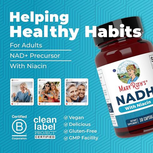 كبسولات MARYRUTH'S NADH | النياسين | NAD + السلائف | عبر ريسفيراترول | CoQ10 | الطاقة الخلوية | استقلاب الطاقة | الوظيفة المعرفية | نباتي | خالي من الغلوتين | كبسولة واحدة يوميًا | 30 حصة in Kuwait