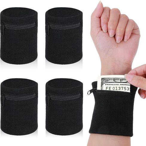 4PCS Black Wrist Wallet, Wrist Sweatband with Zipper Breathable Wristbands Ankle Wallet Coin Keys Storage Pouch Pocket for Gym Running Hiking Jogging Sports in Saudi Arabia