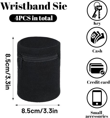 4PCS Black Wrist Wallet, Wrist Sweatband with Zipper Breathable Wristbands Ankle Wallet Coin Keys Storage Pouch Pocket for Gym Running Hiking Jogging Sports in Saudi Arabia
