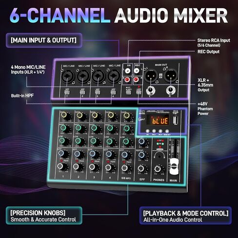6-Channel DJ Audio Mixer with Bluetooth, USB/MP3 Sound Card, Built-In DSP Effects & 48V Phantom Power, Compact Mixing Console for Karaoke, Podcast, Live Streaming, and Studio Recording in Kuwait