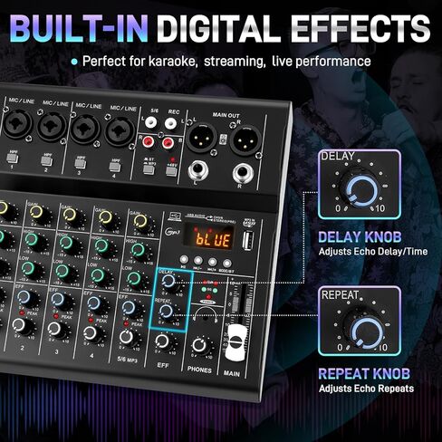 6-Channel DJ Audio Mixer with Bluetooth, USB/MP3 Sound Card, Built-In DSP Effects & 48V Phantom Power, Compact Mixing Console for Karaoke, Podcast, Live Streaming, and Studio Recording in Kuwait