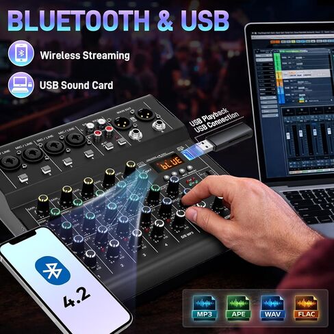 6-Channel DJ Audio Mixer with Bluetooth, USB/MP3 Sound Card, Built-In DSP Effects & 48V Phantom Power, Compact Mixing Console for Karaoke, Podcast, Live Streaming, and Studio Recording in Kuwait
