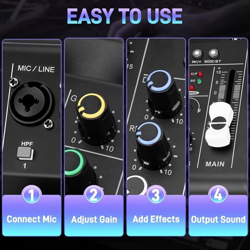 6-Channel DJ Audio Mixer with Bluetooth, USB/MP3 Sound Card, Built-In DSP Effects & 48V Phantom Power, Compact Mixing Console for Karaoke, Podcast, Live Streaming, and Studio Recording in Kuwait