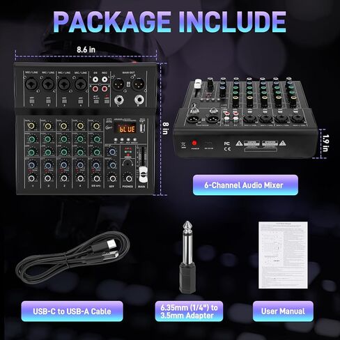 6-Channel DJ Audio Mixer with Bluetooth, USB/MP3 Sound Card, Built-In DSP Effects & 48V Phantom Power, Compact Mixing Console for Karaoke, Podcast, Live Streaming, and Studio Recording in Kuwait