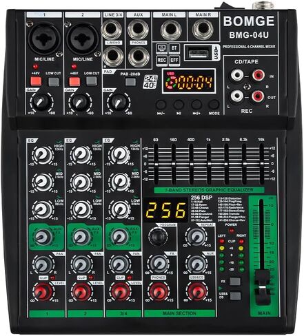 خلاط صوت DJ احترافي من BOMGE، خلاط DJ 4 قنوات، خلاط صوت بلوتوث، يدعم مدخل الكمبيوتر USB/MP3/BT، 256DSP، طاقة فانتوم 48 فولت مناسبة لتسجيل بث استوديو DJ in Kuwait