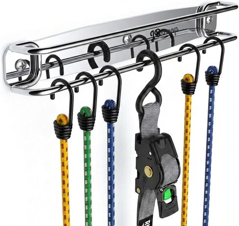 حامل تثبيت على الحائط من الفولاذ المقاوم للصدأ من JBscoop - منظم حزام سقاطة مزدوج القضيب عالي التحمل للمقطورة المغلقة والجراج والمتجر - سلك بنجي، مشبك كام ورف تخزين حزام الشحن - مقاوم للصدأ in Kuwait
