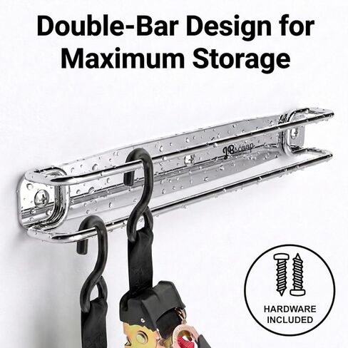 حامل تثبيت على الحائط من الفولاذ المقاوم للصدأ من JBscoop - منظم حزام سقاطة مزدوج القضيب عالي التحمل للمقطورة المغلقة والجراج والمتجر - سلك بنجي، مشبك كام ورف تخزين حزام الشحن - مقاوم للصدأ in Kuwait