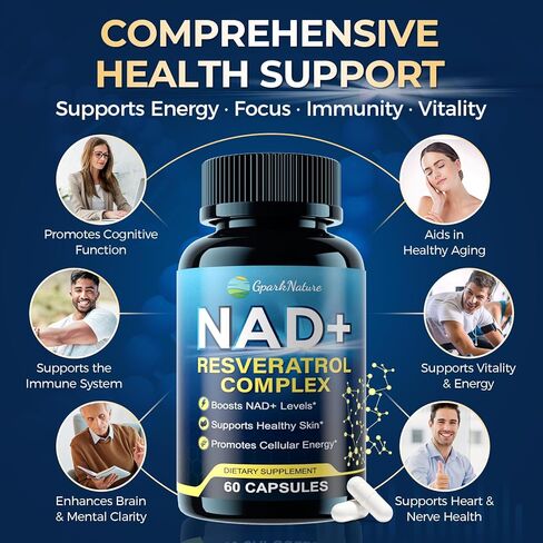 مكمل NAD+ - مكملات NAD للنساء والرجال - مركب Liposomal NAD+ ريسفيراترول مع يوروليثين A، CoQ10 - يعزز مستويات NAD+، الطاقة الخلوية والبشرة الصحية - تم اختباره من قبل طرف ثالث - 60 كبسولة in Saudi Arabia