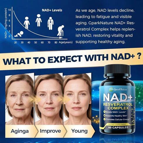مكمل NAD+ - مكملات NAD للنساء والرجال - مركب Liposomal NAD+ ريسفيراترول مع يوروليثين A، CoQ10 - يعزز مستويات NAD+، الطاقة الخلوية والبشرة الصحية - تم اختباره من قبل طرف ثالث - 60 كبسولة in Saudi Arabia