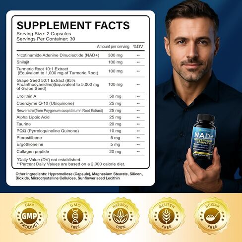 مكمل NAD+ - مكملات NAD للنساء والرجال - مركب Liposomal NAD+ ريسفيراترول مع يوروليثين A، CoQ10 - يعزز مستويات NAD+، الطاقة الخلوية والبشرة الصحية - تم اختباره من قبل طرف ثالث - 60 كبسولة in Saudi Arabia